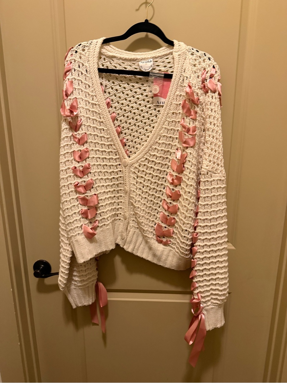 ARULA Cream Knit Cardigan with Pink Ribbon Lacing